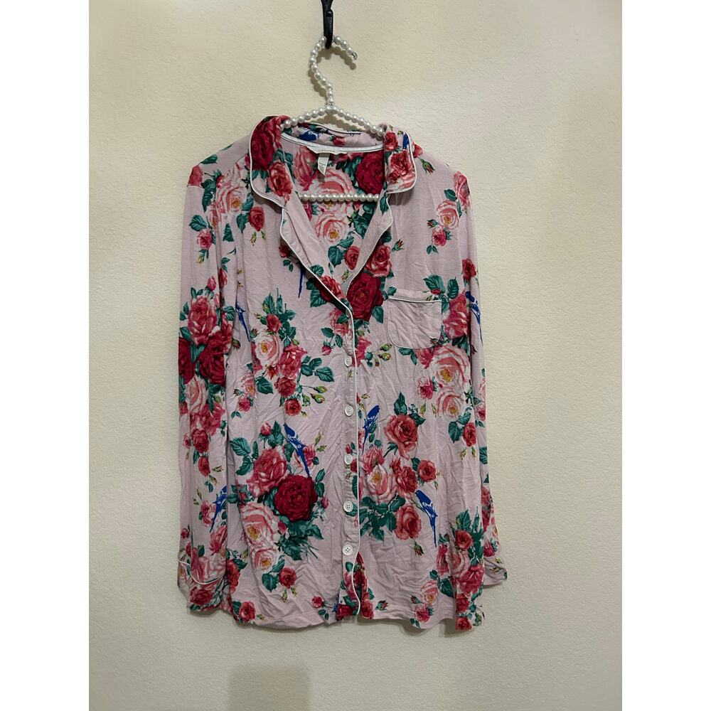 Soma Size Large Pink Floral Pajama Top Long Sleeve Cooling Rayon Button Front